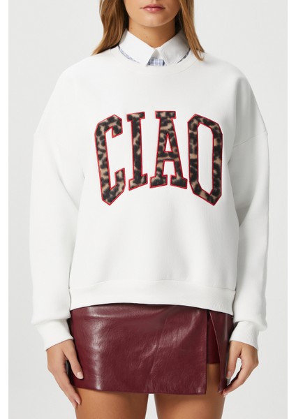Kadın Ciao Nakışlı Içi Polarlı Leopar Ekru Oversize Seeatshirt modelleri