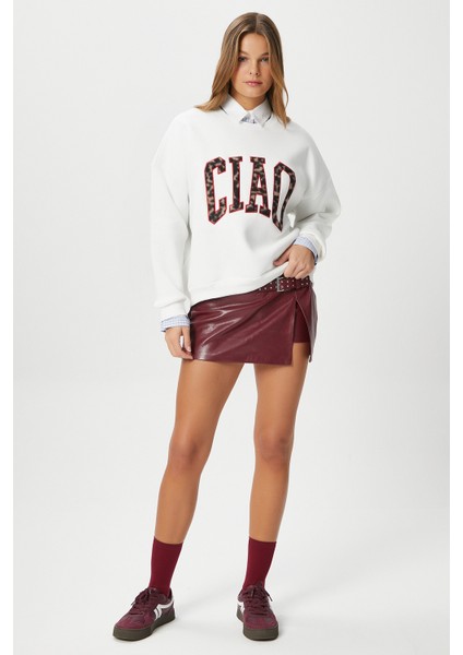 Kadın Ciao Nakışlı Içi Polarlı Leopar Ekru Oversize Seeatshirt fırsatları
