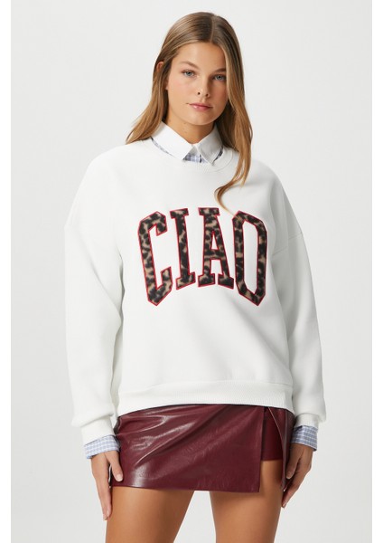 Kadın Ciao Nakışlı Içi Polarlı Leopar Ekru Oversize Seeatshirt