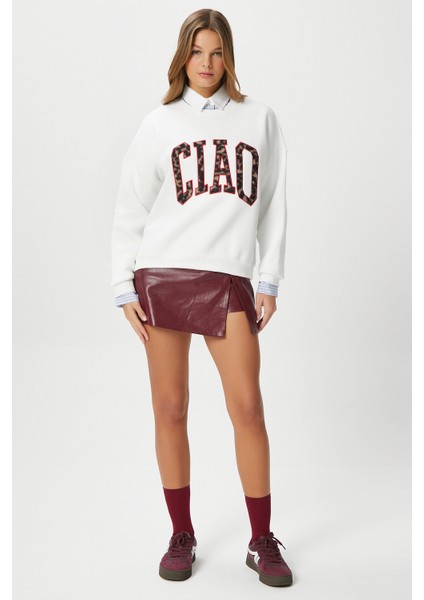 Kadın Ciao Nakışlı Içi Polarlı Leopar Ekru Oversize Seeatshirt