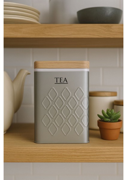 Ahşap Görünümlü Metal Kapaklı 1 Adet Gofreli Gri Çay Saklama Kutusu & Kavanoz 17*11*8 cm