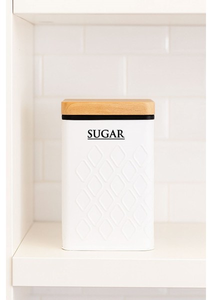 Ahşap Görünümlü Metal Kapaklı 1 Adet Gofreli Beyaz Şeker Saklama Kutusu & Kavanoz 17*11*8 cm