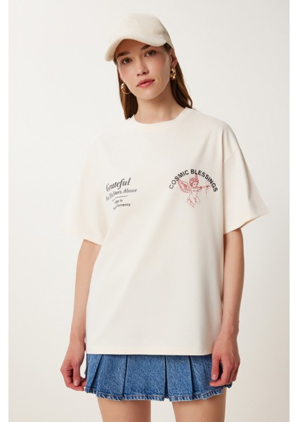 Baskılı Pamuklu Örme T-Shirt LUB0134 Krem fiyatları