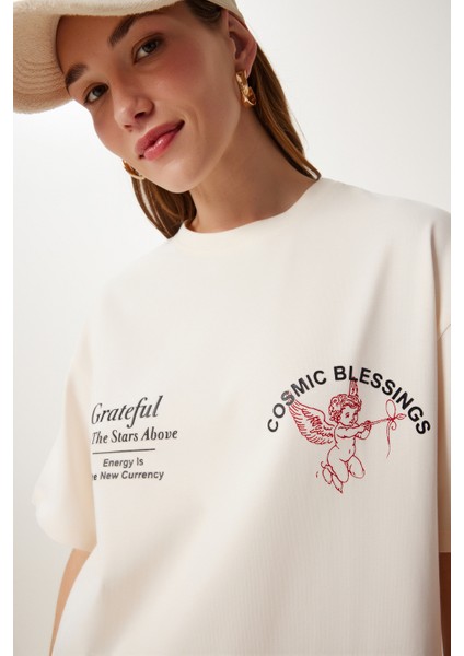 Baskılı Pamuklu Örme T-Shirt LUB0134 Krem fırsatları