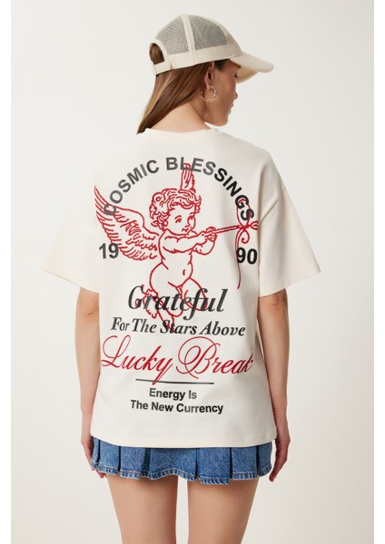 Baskılı Pamuklu Örme T-Shirt LUB0134 Krem indirimleri