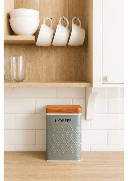 Ahşap Görünümlü Metal Kapaklı 1 Adet Gofreli Gri Kahve Saklama Kutusu & Kavanoz 17*11*8 cm