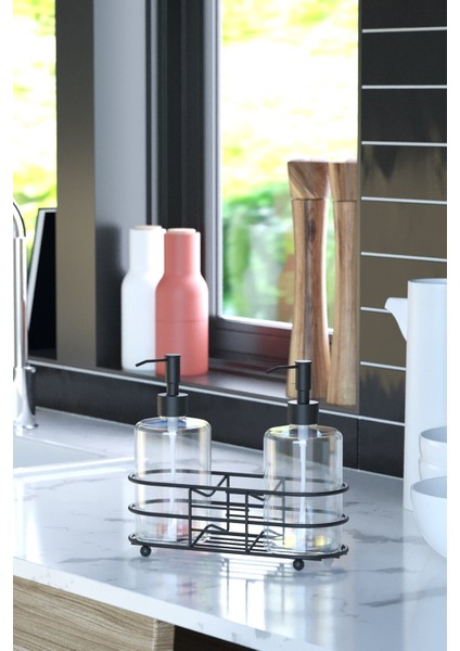 2'li Cam Şişeli Oval Metal Sıvı Sabunluk Standı Mat Siyah EG401