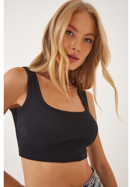Askılı Fitilli Crop Örme Bluz LGT0012 Siyah