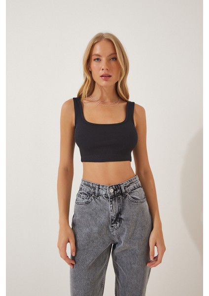 Askılı Fitilli Crop Örme Bluz LGT0012 Siyah modelleri