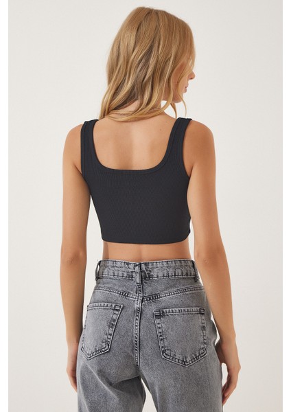 Askılı Fitilli Crop Örme Bluz LGT0012 Siyah fırsatları