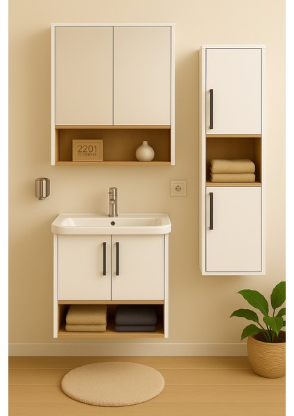 Legna 80 cm Beyaz-Ahşap Renkli, Seramik Lavabolu, Alt - Üst ve Boy Dolaplı Tamamı Mdf Banyo Dolabı Seti