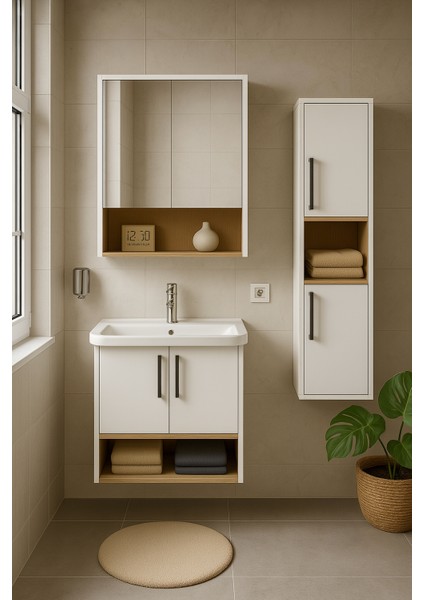 Legna 80 cm Beyaz-Ahşap Renkli, Seramik Lavabolu, Alt - Üst ve Boy Dolaplı Tamamı Mdf Banyo Dolabı Seti fiyatları