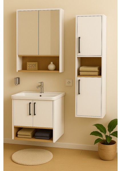 Legna 80 cm Beyaz-Ahşap Renkli, Seramik Lavabolu, Alt - Üst ve Boy Dolaplı Tamamı Mdf Banyo Dolabı Seti modelleri