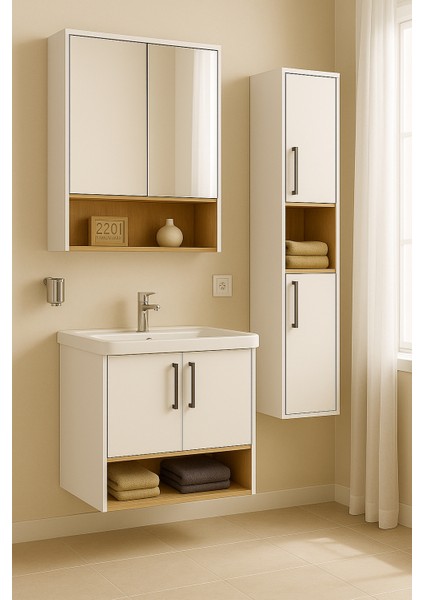 Legna 80 cm Beyaz-Ahşap Renkli, Seramik Lavabolu, Alt - Üst ve Boy Dolaplı Tamamı Mdf Banyo Dolabı Seti fırsatları