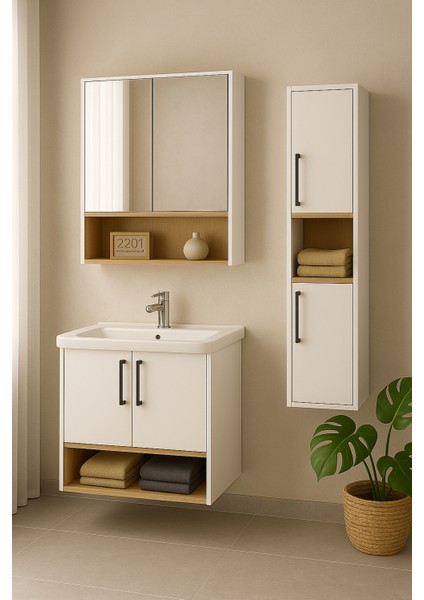 Legna 80 cm Beyaz-Ahşap Renkli, Seramik Lavabolu, Alt - Üst ve Boy Dolaplı Tamamı Mdf Banyo Dolabı Seti indirimleri
