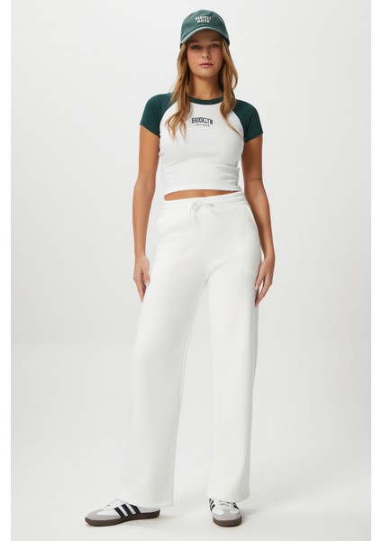 Kadın Leo Içi Polarlı Tok Doku Düz Kesim Kalın Beyaz Eşofman Altı