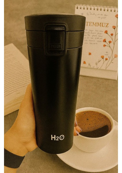Paslanmaz Çelik Kilitli Kapaklı Siyah Renk Termos Kupa 450ML
