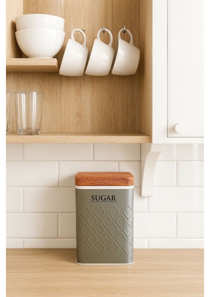 Ahşap Görünümlü Metal Kapaklı 1 Adet Gofreli Gri Şeker Saklama Kutusu & Kavanoz 17*11*8 cm