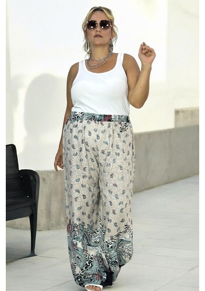 Etnik Desenli Beli Lastikli Ful Likralı Ekstra Büyük Beden Pamuklu Viskon Yazlık Pantolon