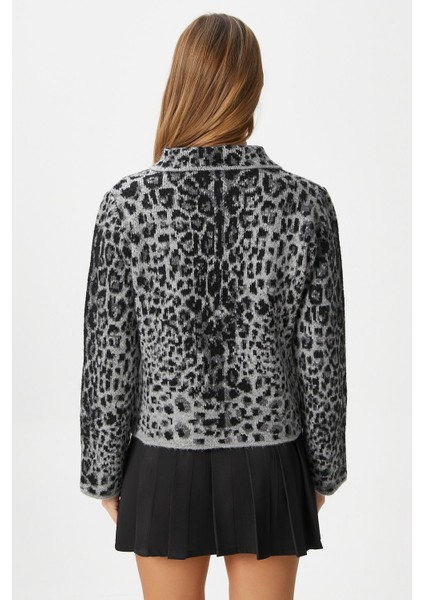 Kadın Laura Yumuşak Doku Gri Polo Yaka Cepli Triko Ceket Hırka