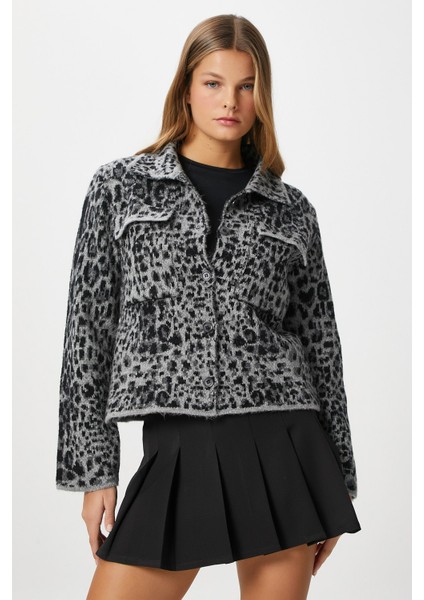 Kadın Laura Yumuşak Doku Gri Polo Yaka Cepli Triko Ceket Hırka