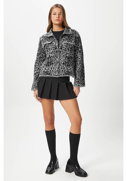 Kadın Laura Yumuşak Doku Gri Polo Yaka Cepli Triko Ceket Hırka