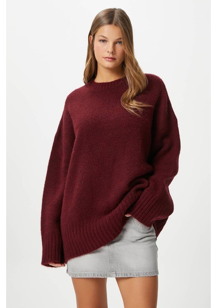 Kadın Homy Yumuşacık Bisiklet Yaka Bordo Oversize Triko Kazak fırsatları