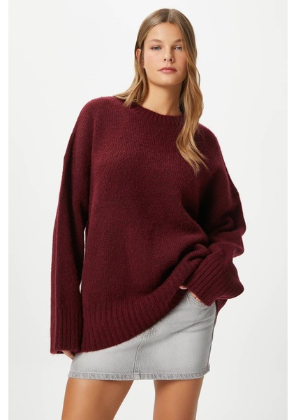 Kadın Homy Yumuşacık Bisiklet Yaka Bordo Oversize Triko Kazak