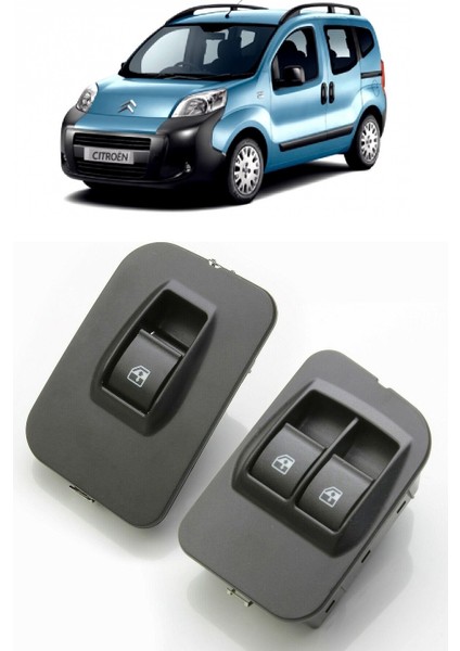 Citroen Nemo 2008-2019 Uyumlu Sağ + Sol Ön Cam Açma Düğmesi Takımı Anahtarı Çerçeveli