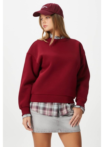 Kadın Cozy Içi Polarlı Bordo Basic Bisiklet Yaka Pamuklu Kalın Örme Sweatshirt