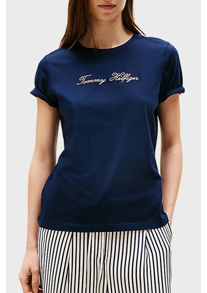 % 100 Pamuk Regular Fit Bisiklet Yaka Logolu T Shirt Bayan T Shirt WW0WW47210 C1G