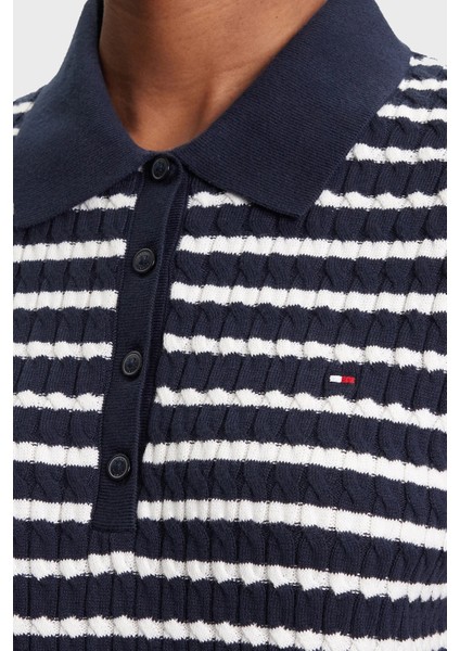 Pamuklu Regular Fit Düğmeli Polo Yaka Çizgili Kısa Kollu Kazak Bayan Kazak WW0WW41474 0bb indirimleri