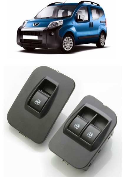 Peugeot Bipper 2008-2019 Uyumlu Sağ + Sol Ön Cam Açma Düğmesi Takımı Anahtarı Çerçeveli