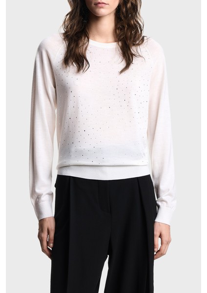 Taşlı Logolu Yünlü Regular Fit Bisiklet Yaka Kazak Bayan Kazak EW001263 AF19176 F0015