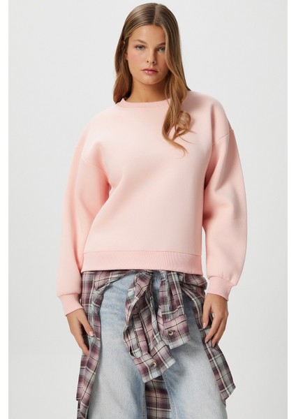 Kadın Cozy Içi Polarlı Soft Pembe Basic Bisiklet Yaka Pamuklu Kalın Örme Sweatshirt