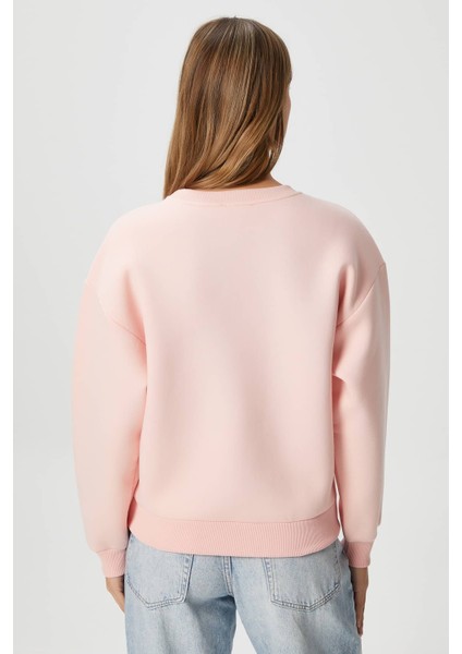 Kadın Cozy Içi Polarlı Soft Pembe Basic Bisiklet Yaka Pamuklu Kalın Örme Sweatshirt