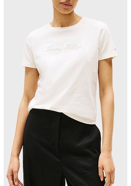 % 100 Pamuk Regular Fit Bisiklet Yaka Logolu T Shirt Bayan T Shirt WW0WW47210 Ya8