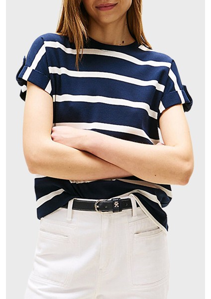 % 100 Pamuk Regular Fit Bisiklet Yaka Çizgili T Shirt Bayan T Shirt WW0WW45628 0bb