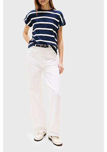 % 100 Pamuk Regular Fit Bisiklet Yaka Çizgili T Shirt Bayan T Shirt WW0WW45628 0bb fiyatları