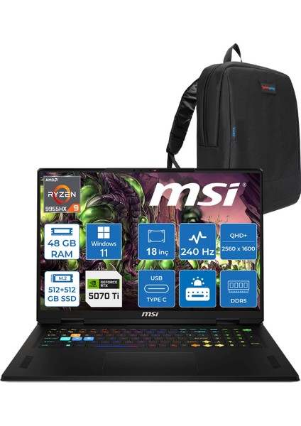 Msı Vector A18 Hx A9WHG-094TR Amd Ryzen 9-9955HX Aı 48GB 512GB SSD+512GB SSD 12GB/RTX5070Tİ Gddr7 140W 18″ 16:10 Qhd+ (2560×1600), 240Hz Windows 11 Home Taşınabilir Bilgisayar Z094TRH18+ZETTAÇANTA
