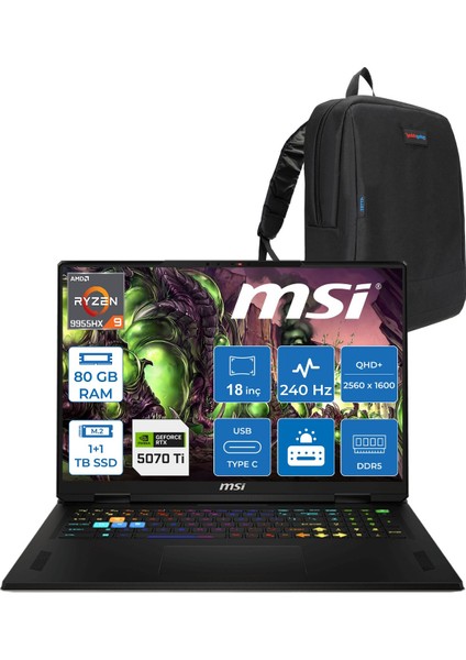 Msı Vector A18 Hx A9WHG-094TR Amd Ryzen 9-9955HX Aı 80GB 1tb+1tb SSD 12GB/RTX5070Tİ Gddr7 140W 18″ 16:10 Qhd+ (2560×1600), 240Hz Freedos Taşınabilir Bilgisayar Z094TRF36+ZETTAÇANTA