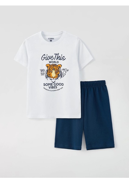 Lcw Kids Beyaz Bisiklet Yaka Baskılı Kısa Kollu Erkek Çocuk Şortlu Pijama Takımı