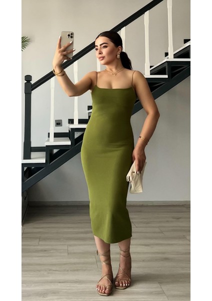 Olive Çelik Örme Askılı Elbise