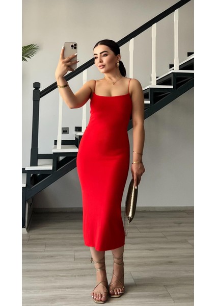 Kırmızı Çelik Örme Askılı Elbise