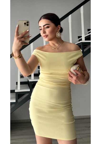 Sarı Büzgülü Mini Elbise