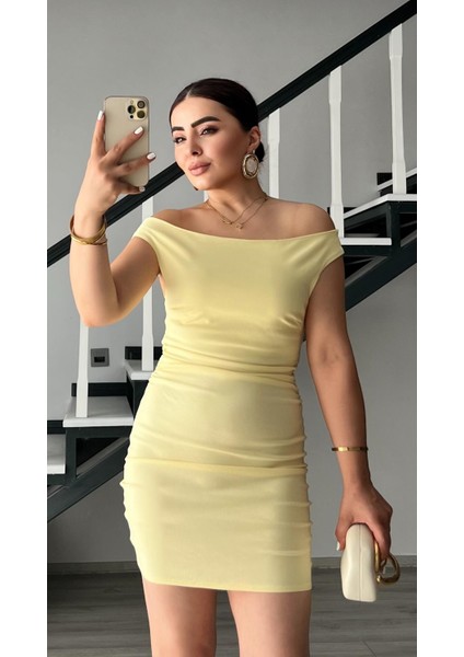 Sarı Büzgülü Mini Elbise indirimleri