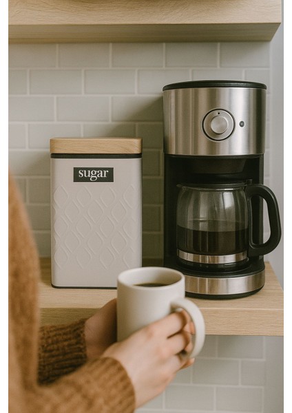 Ahşap Görünümlü Metal Kapaklı 1 Adet Gofreli Bej Şeker Saklama Kutusu & Kavanoz 17*11*8 cm