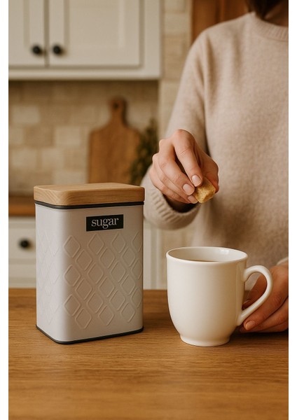 Ahşap Görünümlü Metal Kapaklı 1 Adet Gofreli Bej Şeker Saklama Kutusu & Kavanoz 17*11*8 cm modelleri