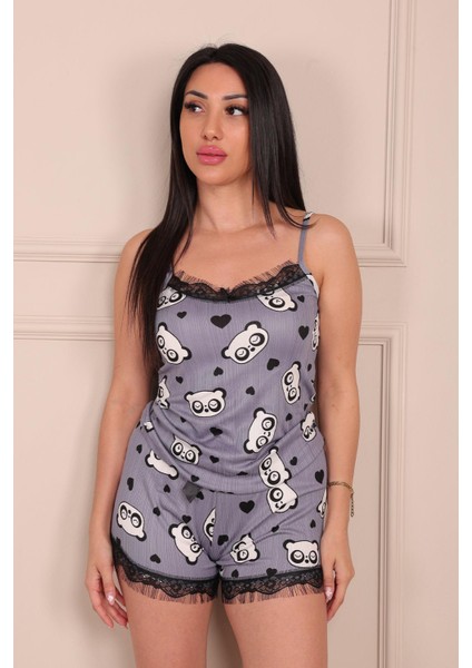 Kadın Panda Desenli Ip Askılı Şortlu Pegasus Pijama Takımı Indigo fiyatları