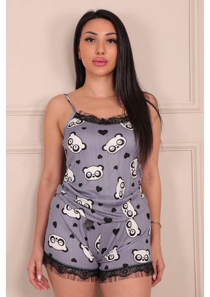 Kadın Panda Desenli Ip Askılı Şortlu Pegasus Pijama Takımı Indigo modelleri